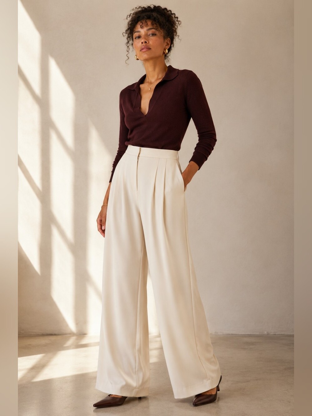 Carmen Marc Valvo GORGEOUS Wide-Leg High-Waist Cream Trousers